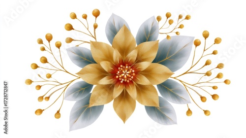 Golden floral bloom illustration with grey leaves and berries