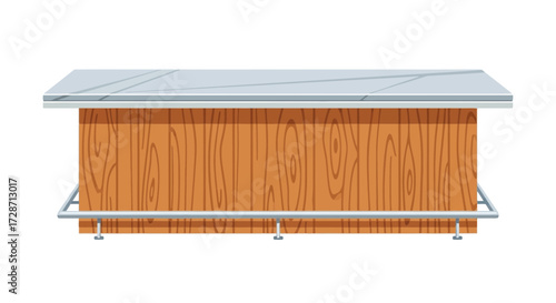 Cartoon style wooden counter with a light grey surface and metal bar