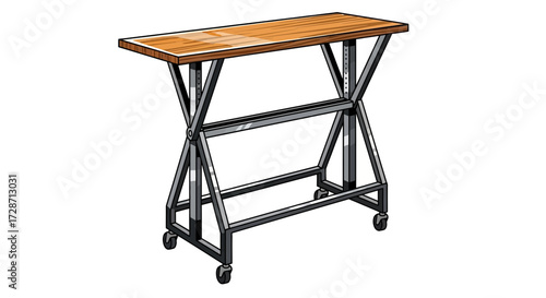Cartoon illustration of a wooden and metal rolling work table isolated
