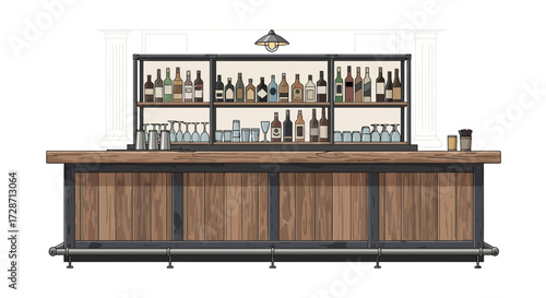 Charming illustration of a classic bar with bottles and glassware arrangement
