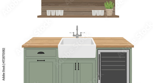 Charming Kitchen Scene with Farmhouse Sink and Wooden Accents Illustration