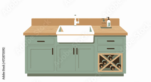 Charming kitchen island in sage green with rustic wood countertop detail
