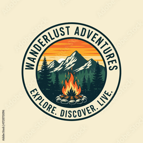 Wanderlust Adventure Badge with Campfire, Mountains, Pine Forest, and Sunset - Explore Outdoor Camping Emblem, Flat Vector Elements, Vector Illustration, Simple Vector, Stylized Vector Drawing,