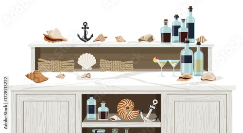 Coastal kitchen cabinet with nautical decor and cocktail illustration