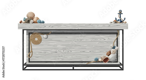 Coastal style wooden frame decorated with shells, rope and an anchor icon