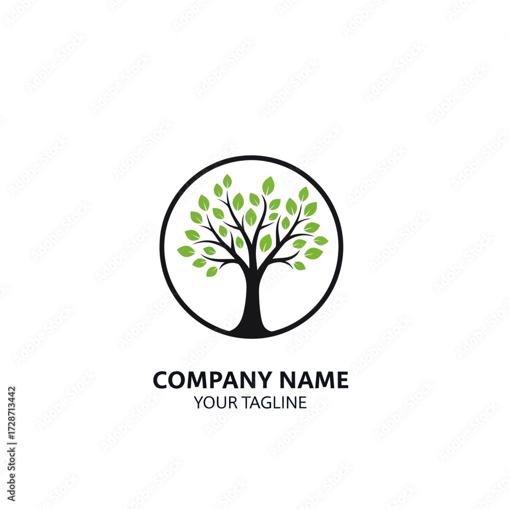Obraz premium Modern Green Leaf Tree Logo in Black Circle with Company Name Text on White Background, Flat Vector Elements, Vector Illustration, Simple Vector, Stylized Vector Drawing, Vector Template, Clean