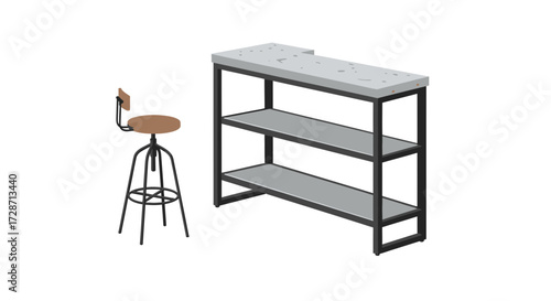 Contemporary isometric arrangement featuring a stool and shelving unit design