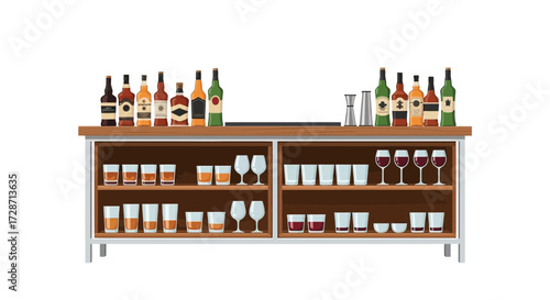 Detailed illustration of a bar shelf with various bottles and glassware