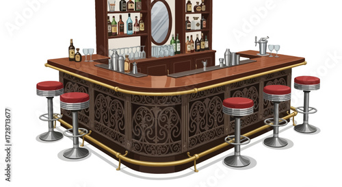 Detailed illustration of a classic bar with stools and bottle display