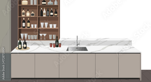 Elegant bar area with wine bottles and glasses in a stylish modern home