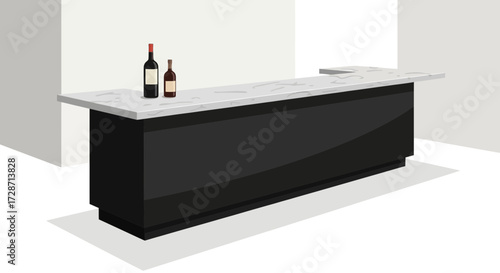 Elegant bar counter with marble top and wine bottles, refined ambiance