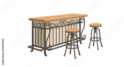 Elegant Bar Counter with Wrought Iron Accents and Matching Bar Stools