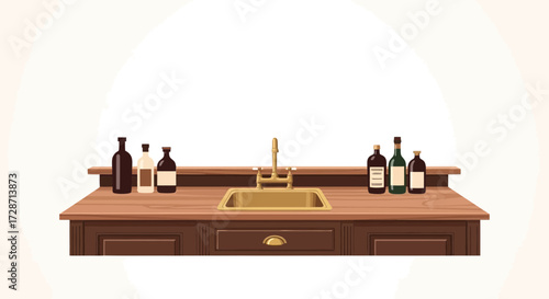 Elegant bar scene illustration featuring bottles and a vintage sink