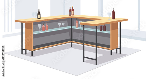Elegant corner bar setup with sleek shelving and beverage bottles array