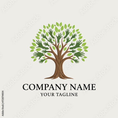 Symbolic Tree Logo Design with Human Hands and Green Leaves Representing Community, Growth, and Environmental Unity, Flat Vector Elements, Vector Illustration, Simple Vector, Stylized Vector Drawing,