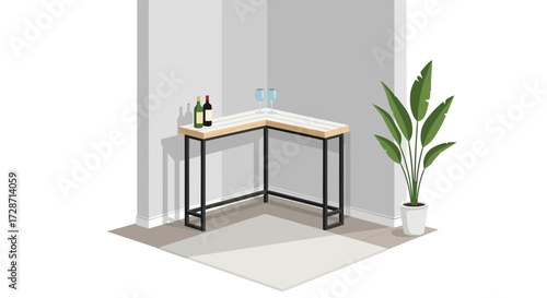 Elegant corner bar setup with wine bottles, glasses, and plant decor