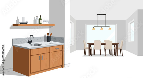 Elegant Dining and Kitchenette Illustration in a Modern Home Interior