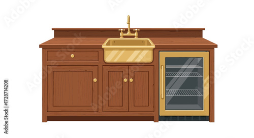 Elegant kitchen unit with golden sink and integrated beverage cooler design