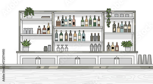 Elegant stylized bar setup with various bottles and plants on shelves