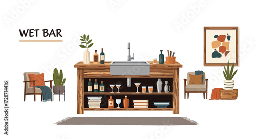 Elegant wet bar setup with artistic elements in cozy domestic interior