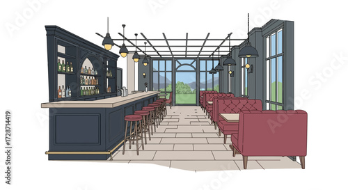 Elegant Restaurant Interior with Bar and Booths in Detailed Illustration