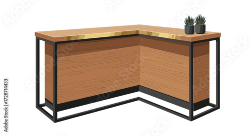 Elegant wooden counter with potted plants, ideal for interior design mockups