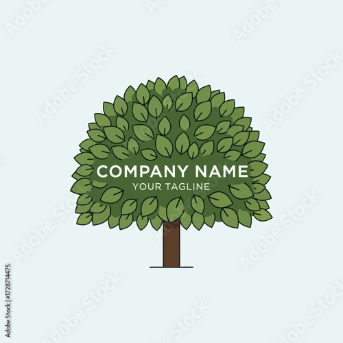Stylized green tree illustration with company name and tagline placeholder, ideal for nature-themed branding and logo design templates., Flat Vector Elements, Vector Illustration, Simple Vector,