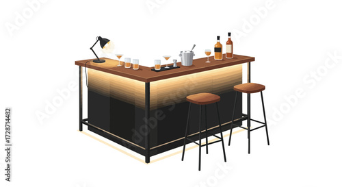 Elevated home bar setup with warm lighting and stool seating arrangement