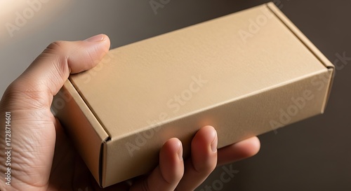Person holding small blank rectangle cardboard box with natural light