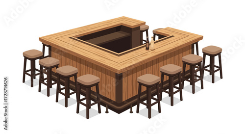 Illustration of a cozy wooden bar counter with stools and beverages
