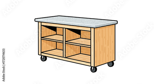 Illustration of a kitchen island with stone countertop and wooden frame