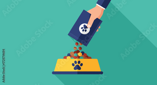 A hand pouring dry pet food from a bag with a paw print into a yellow bowl with a paw print, on a teal background.