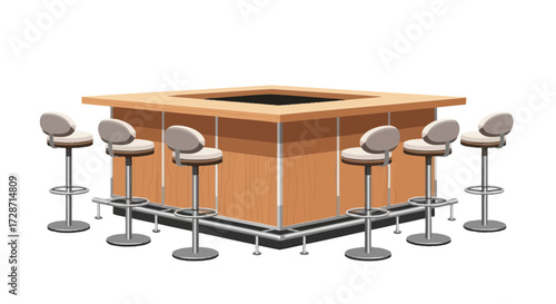 Illustration of a wooden bar counter with stools arranged around it, isolated