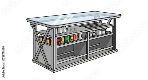 Illustration of an organized bar station with ample storage for drinks
