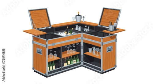 Illustration of portable bar setup with drinks and glassware presentation