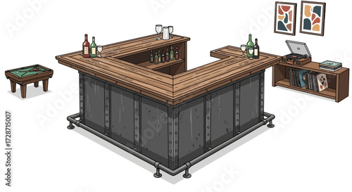 Isolated cartoon style rustic bar setup with music, art, and billiards
