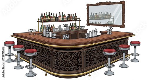 Intricate bar setup with bottles, stools and mirror creating retro ambiance