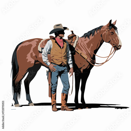 Illustration of a Cowboy in Dynamic Pose with His Horse, Showcasing Western Clothing, Rugged Stance, and the Spirit of the Wild West