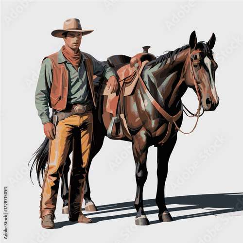 Illustration of a Cowboy in Dynamic Pose with His Horse, Showcasing Western Clothing, Rugged Stance, and the Spirit of the Wild West