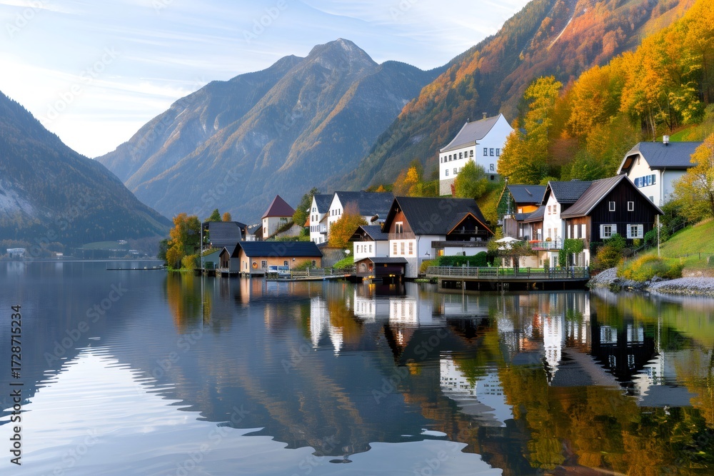 Fototapeta premium Grundlsee reflecting traditional austrian houses during a colorful autumn in Austria
