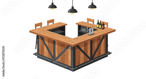 Isometric bar counter with wine bottles and beer dispenser illustration