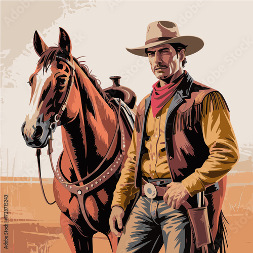 Illustration of a Cowboy in Dynamic Pose with His Horse, Showcasing Western Clothing, Rugged Stance, and the Spirit of the Wild West