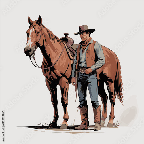 Illustration of a Cowboy in Dynamic Pose with His Horse, Showcasing Western Clothing, Rugged Stance, and the Spirit of the Wild West