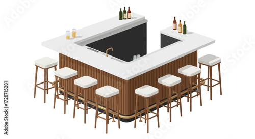 Isometric illustration of stylish bar counter with stools and liquor bottles