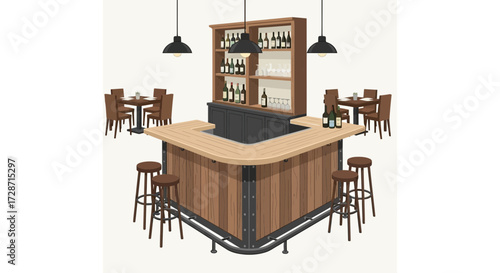 Isometric illustration of a stylish bar with a rustic wooden aesthetic