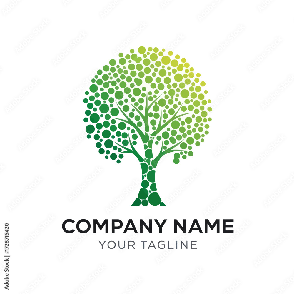 Obraz premium Abstract Green Tree Logo Design with Gradient Circles and Company Text on White Background, Flat Vector Elements, Vector Illustration, Simple Vector, Stylized Vector Drawing, Vector Template, Clean