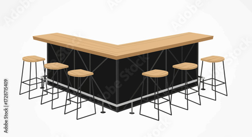 Isometric vector illustration of a bar with stools and a wooden counter