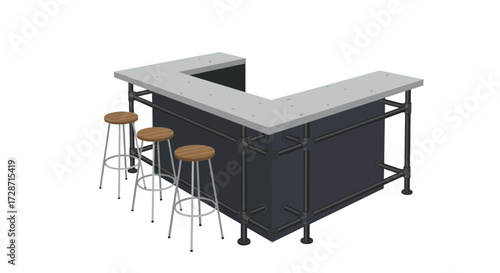 Isometric view of a bar counter with three stools for interior design