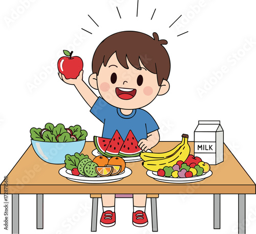 Cartoon boy holding apple, eating healthy food, fruits, vegetables, milk, balanced diet, child nutrition education, kids healthy lifestyle illustration