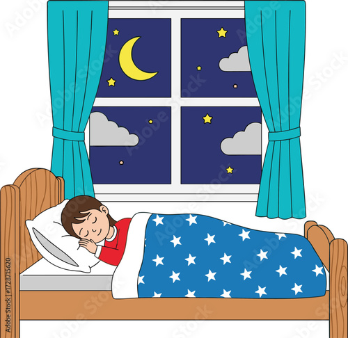 Cartoon child sleeping peacefully in bed at night, moon and stars outside window, bedtime illustration with cozy blanket design